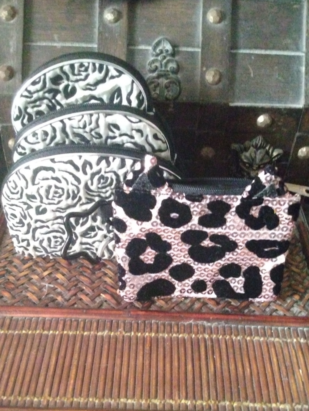 3 Stylish Black & White Floral and 1 Leopard Print Women's Coin Purses
